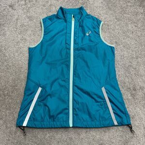 Asics Running Vest Jacket Womens Medium Blue Full Zip Pockets Lightweight Active